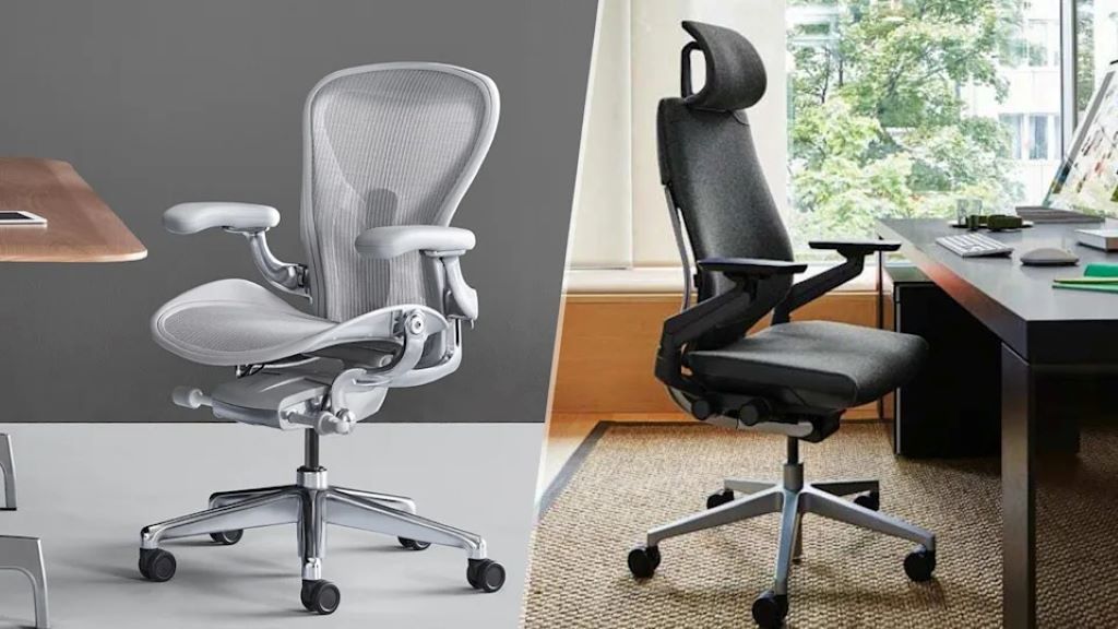 A side-by-side comparison image of the Herman Miller Aeron, Steelcase Gesture, and Branch Ergonomic Chair against a clean background