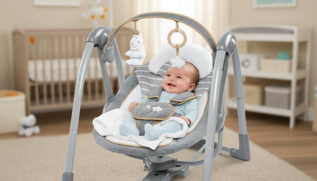Happy newborn baby securely harnessed in plush seat of Ingenuity Swing ‘n Go Deluxe with toy bar overhead