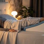 A person resting on a bed with their legs elevated on a wedge pillow for leg swelling relief at home