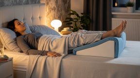 A person resting on a bed with their legs elevated on a wedge pillow for leg swelling relief at home