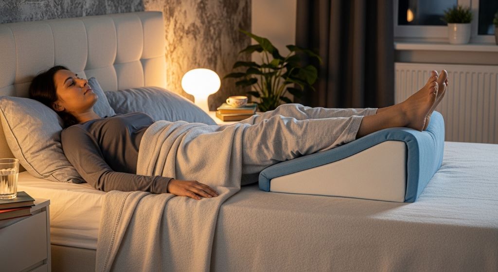 A person resting on a bed with their legs elevated on a wedge pillow for leg swelling relief at home