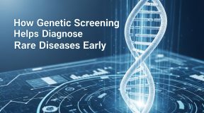 Genetic screening lab analyzing DNA sample for rare disease diagnosis