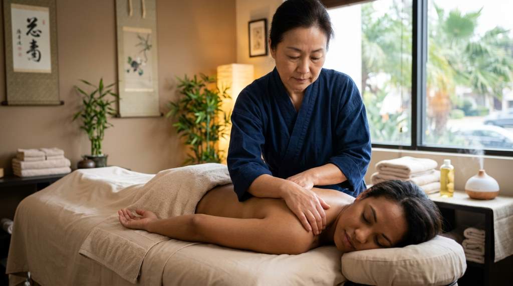 Asian massage therapist performing stress relief bodywork treatment in Los Angeles California