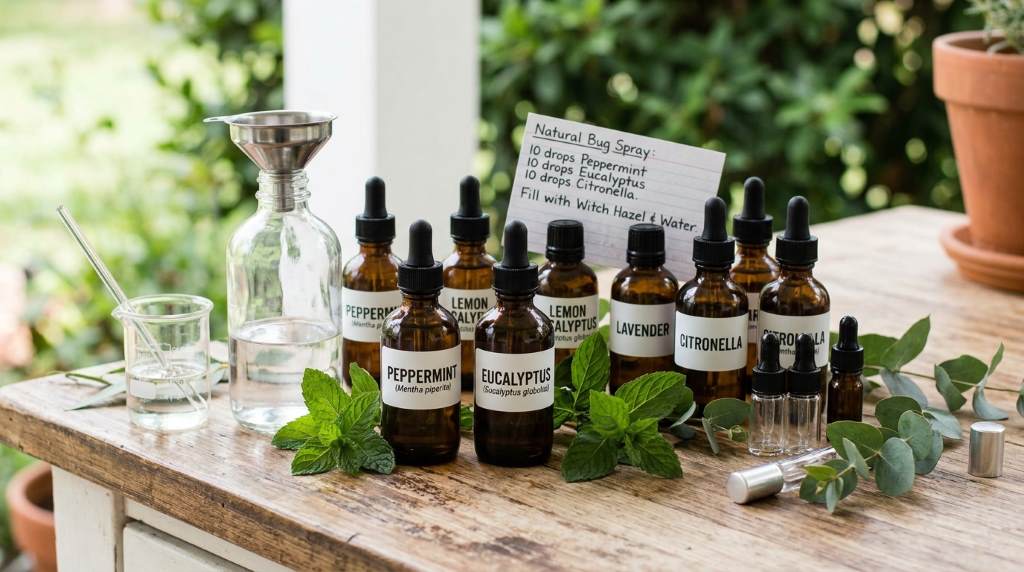 Essential oils such as peppermint and eucalyptus arranged for DIY insect repellent use