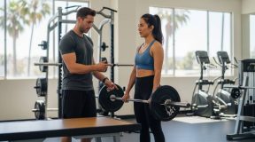 Fitness coach guiding safe weight progression in Los Angeles gym