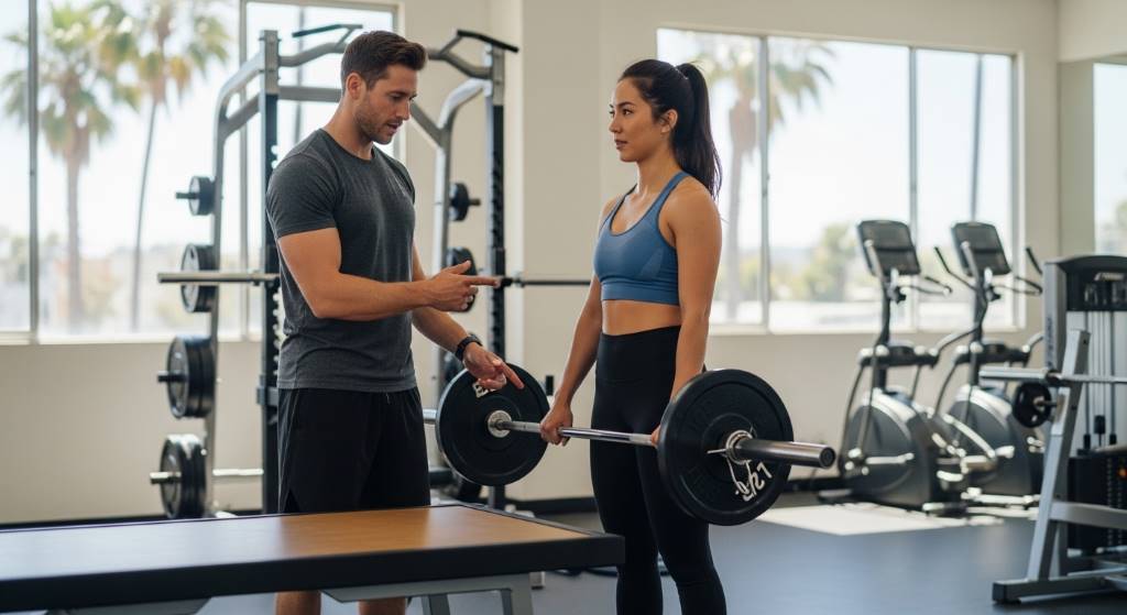 Fitness coach guiding safe weight progression in Los Angeles gym
