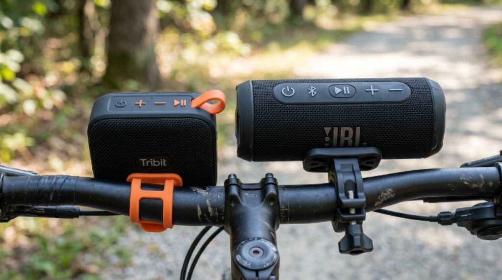 Close-up comparison of two bike speakers side by side showing size, mount design, and control buttons
