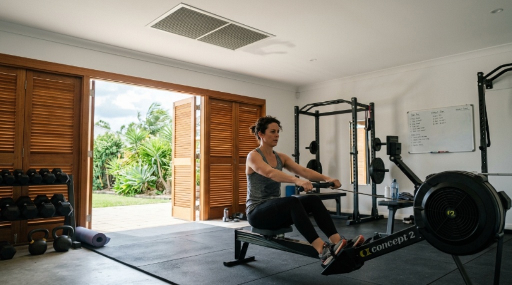 Person exercising in a well-ventilated home gym with louvred doors and a ceiling vent for natural airflow