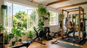 Bright home gym with open windows, indoor plants, and natural cross-ventilation creating a fresh training environment
