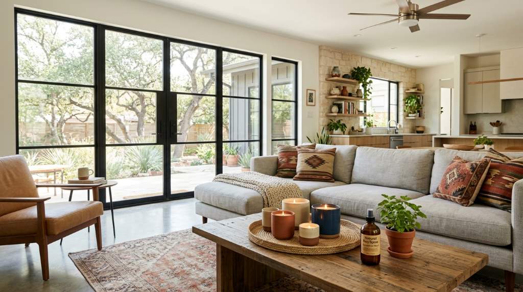 Natural insect repellents like citronella candles used inside a modern Austin home living room