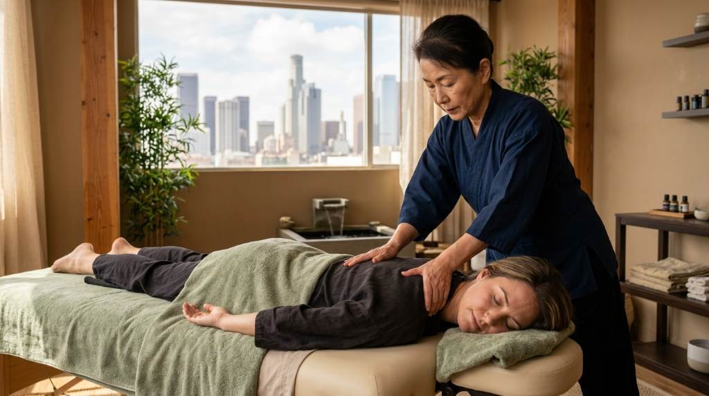 Traditional Asian bodywork session helping stressed Los Angeles professional relax in wellness spa