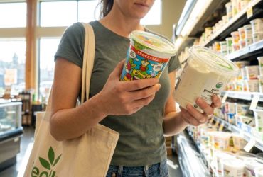 Health-conscious shopper reading yogurt ingredients in Seattle grocery store
