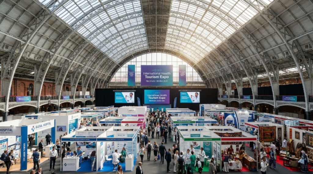 A visitor reviewing AI-powered diagnostic technology and telemedicine tools at a clinic booth during the Manchester International Health Tourism Expo 2026