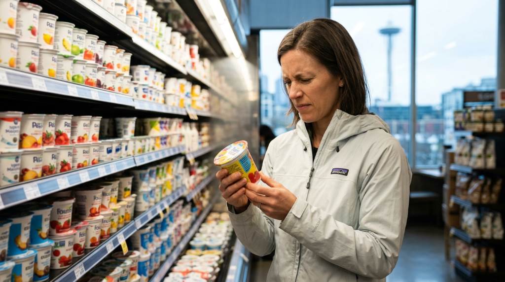 Seattle resident selecting low-sugar yogurt products