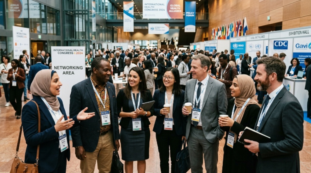 Diverse group of public health professionals networking at an international health congress conference hall