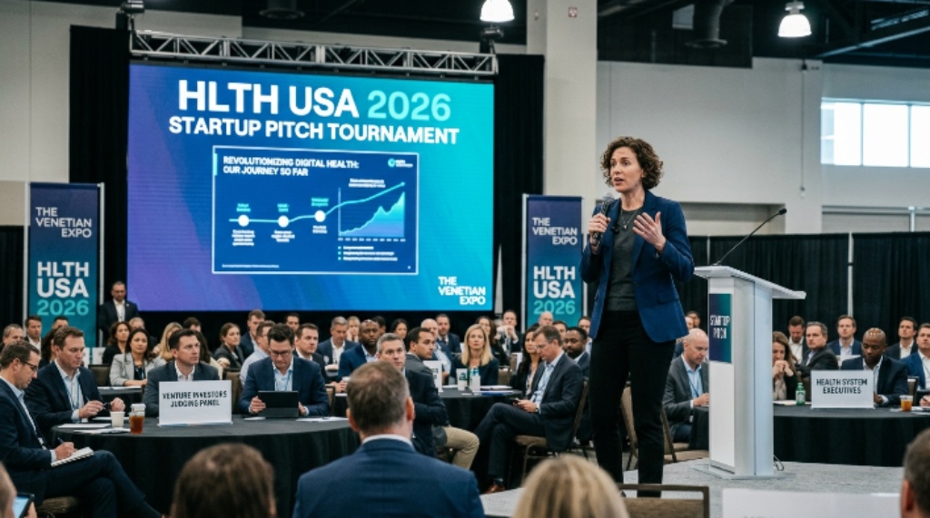 A startup founder presenting at the HLTH USA 2026 Startup Pitch Tournament in front of venture investors and health system executives at The Venetian Expo Las Vegas