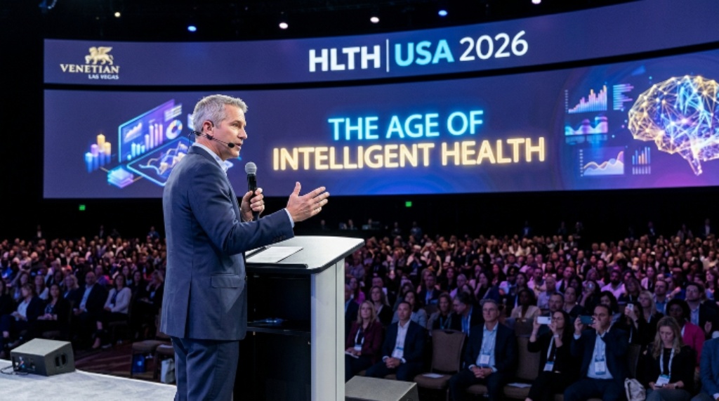 A keynote speaker addressing 12,000 healthcare leaders on the main stage at HLTH USA 2026 in Las Vegas with the event theme The Age of Intelligent Health displayed behind
