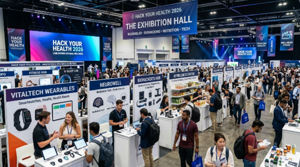 Health technology exhibits and wellness products at the Hack Your Health 2026 event