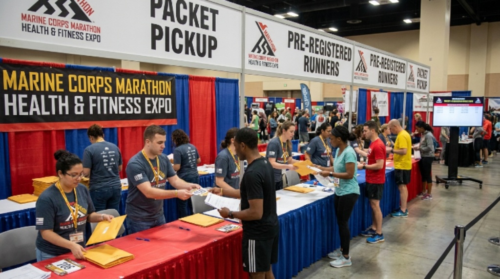 Race bib packet pickup area at the Marine Corps Marathon Health and Fitness Expo, with volunteers assisting registered runners at a registration desk