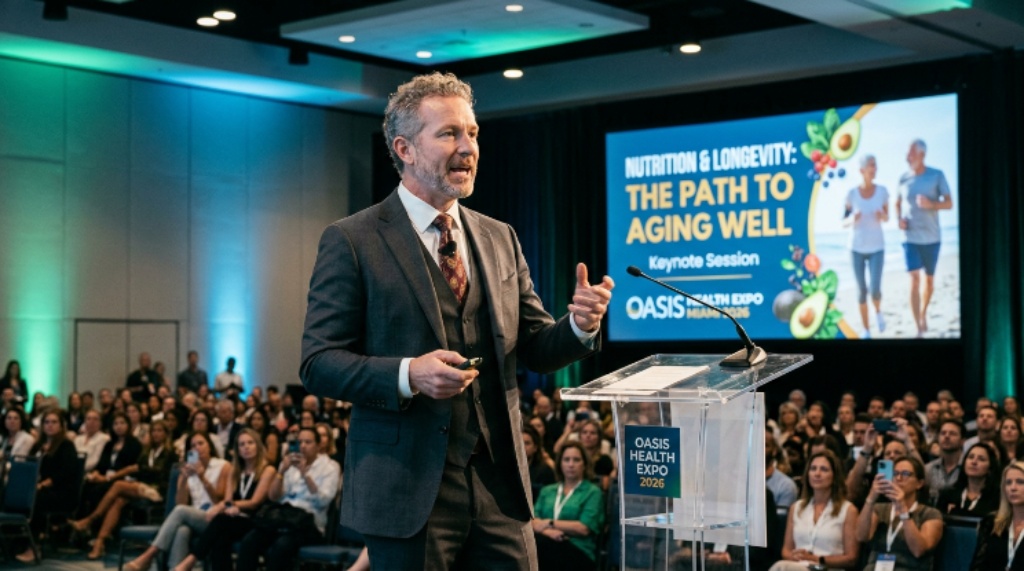 Expert speaker presenting a keynote session on nutrition and longevity at the Oasis Health Expo Miami 2026