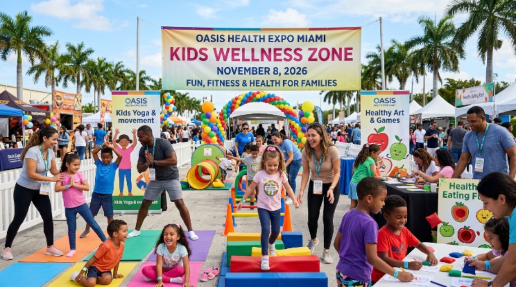 Families participating in the Kids Wellness Zone activities at the Oasis Health Expo Miami on November 8 2026