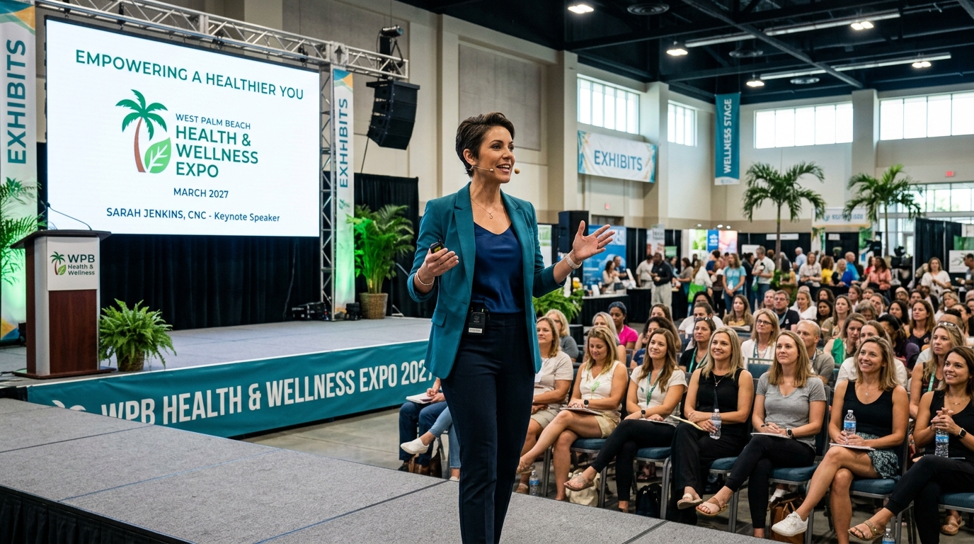 Speaker presenting on stage at a health and wellness expo in West Palm Beach, Florida in March 2027