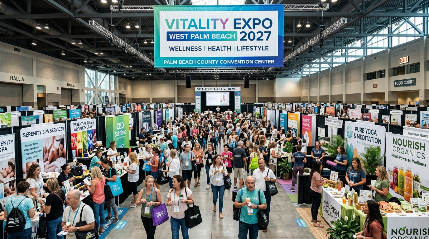 Crowds exploring wellness booths at Vitality Expo West Palm Beach 2027 inside the Palm Beach County Convention Center