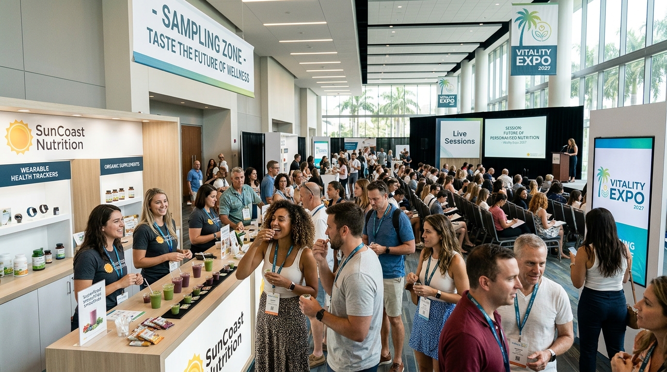 Visitors sampling health products and attending sessions at Vitality Expo 2027 in West Palm Beach