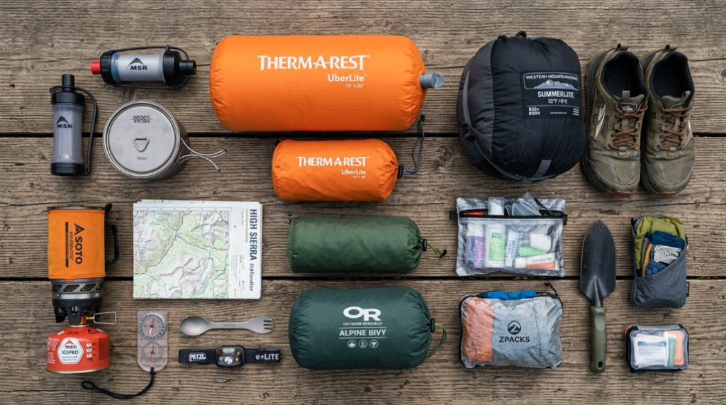 Flat lay of ultralight camping sleeping gear on a wooden table.
